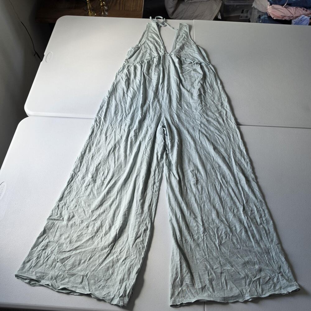 American Eagle Outfitters Jumpsuit Medium Green Wide Leg V Neck Tie Back